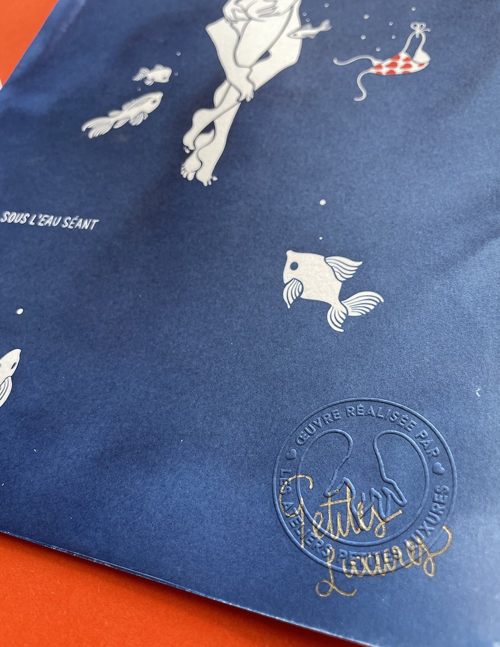 Image of "Sous l'eau séant" handmade cyanotype & woodcut art print