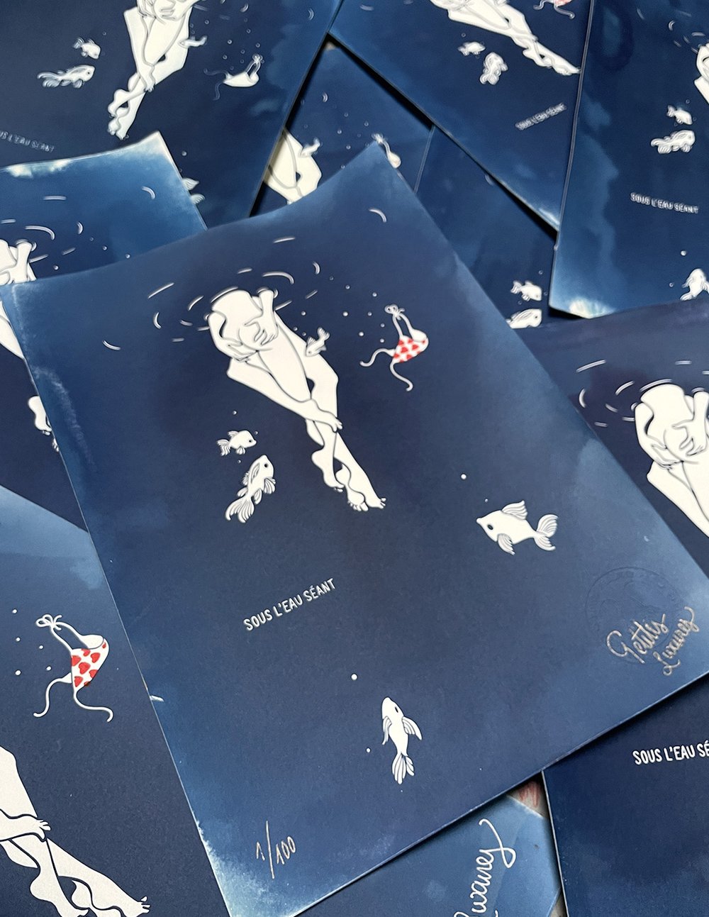 Image of "Sous l'eau séant" handmade cyanotype & woodcut art print