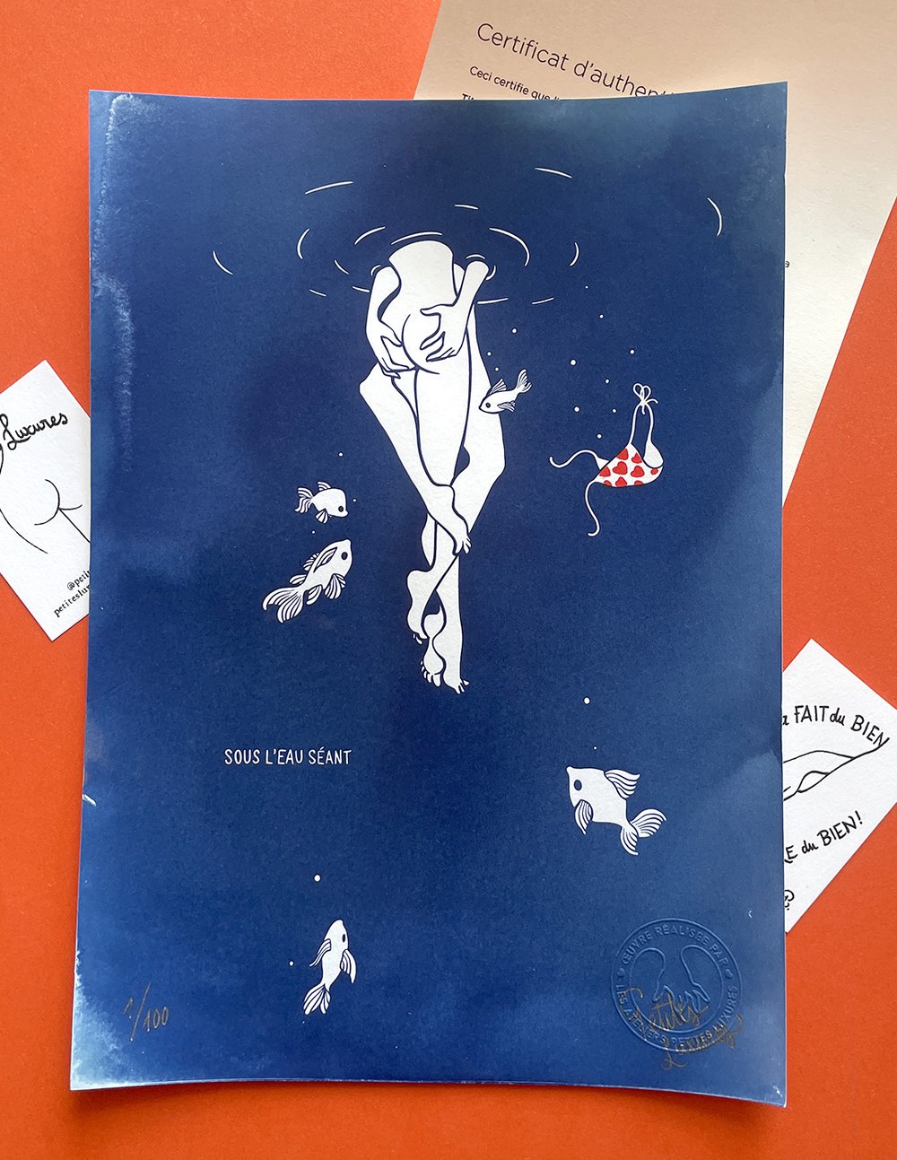 Image of "Sous l'eau séant" handmade cyanotype & woodcut art print