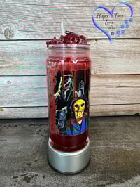 Image 1 of Scream, Saw, Freddy, It, Michael, Jason, and Chucky Blood Drip Tumbler