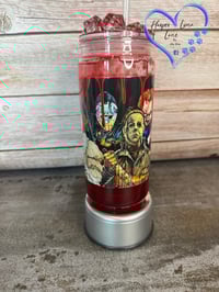 Image 2 of Scream, Saw, Freddy, It, Michael, Jason, and Chucky Blood Drip Tumbler