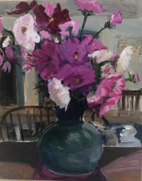 Cosmos in green vase