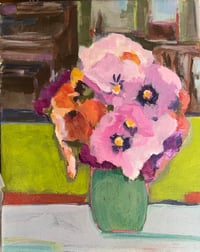 Pansies in green vase