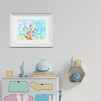 Image 3 of Birds and hearts in a naive watercolor mixed media illustration art print