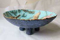 Image 2 of Light Blue Paper Mache Bowl with Birds | Handmade 4-Leg Decorative Plate