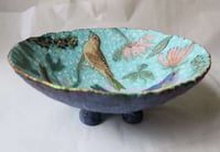 Image 5 of Light Blue Paper Mache Bowl with Birds | Handmade 4-Leg Decorative Plate