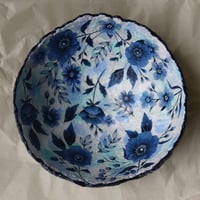 Image 3 of Handcrafted Paper Mache Bowl with Blue Floral Design – Rustic Art Home Decor