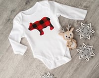 Image 2 of Christmas Bear Buffalo Plaid Red and Black Baby Boy’s Holiday Top Baby Shower Gift Bodysuit