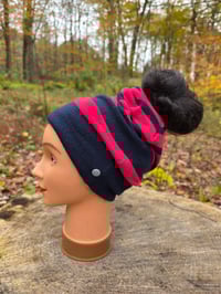 Image 2 of Merino Wool Ponytail Hat in Navy & Pink