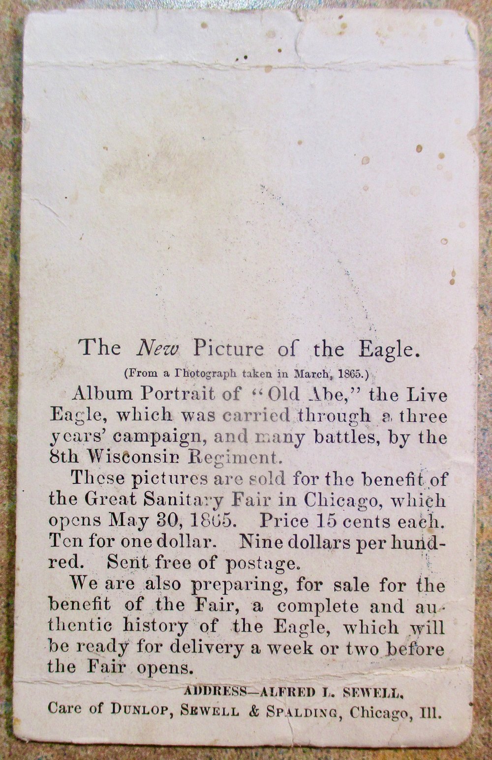 #201-CIVIL WAR SALE: OLD ABE THE EAGLE & UNION ARMY MASCOT TWO-SIDED POSTCARD  