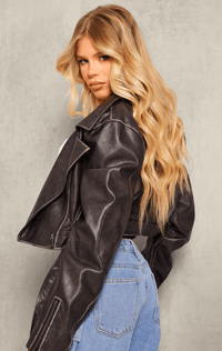 Image 2 of Black Washed PU Distressed Detail Cropped Biker Jacket