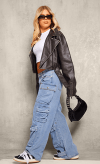 Image 1 of Black Washed PU Distressed Detail Cropped Biker Jacket