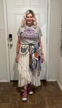 Image 1 of Fringe Pocket Festival Belt Boho Hippie FairyCore Denim Lace 34” Waist Upcycled Handmade