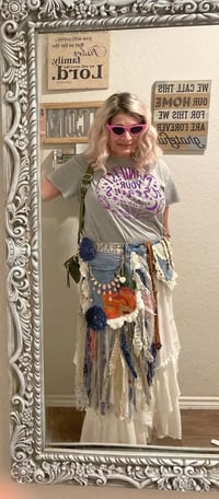 Image 2 of Fringe Pocket Festival Belt Boho Hippie FairyCore Denim Lace 34” Waist Upcycled Handmade