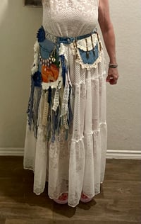 Image 5 of Fringe Pocket Festival Belt Boho Hippie FairyCore Denim Lace 34” Waist Upcycled Handmade