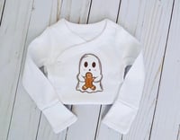 Image 1 of Ghost with Gingerbread Cookie Baby Side Snap Bodysuit Neutral Boys Girls Baby Shower Gift Top