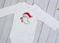 Image 2 of Santa Ghost with Candy Cane Baby Side Snap Bodysuit Neutral Boys Girls Baby Shower Gift Top