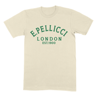 PELLICCI LOGO T SHIRT. CREAM WITH GREEN LOGO