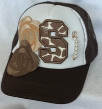 Image 4 of Brown Trucker Hat with Roses and Initial