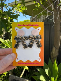 Caramel Kiss Bows Polymer Clay Earrings- Caramel, Black and Pink Dangles