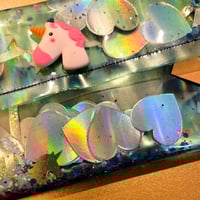 Image 3 of Pastel Green Vinyl Holographic Unicorn and Hearts Large Clutch