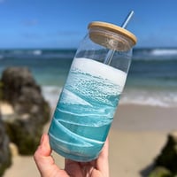 Image 1 of Resin Ocean Wave Drinking Glass with Bamboo Lid and Glass Straw
