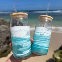 Image 2 of Resin Ocean Wave Drinking Glass with Bamboo Lid and Glass Straw