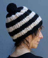 Chunky Striped Pom Pom Hat in Black and Cream