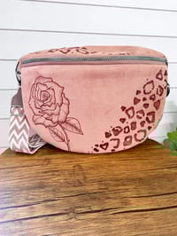 Image 1 of Roses and Leopard Pink Hand Burned Crossbody Fanny Pack