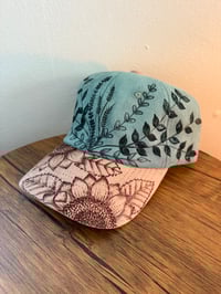 Two Tone Sunflower Vines Suede Hand Burned Baseball Cap