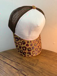 Image 1 of Leopard Print Two Tone Suede Hand Burned Trucker Hat