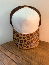 Image 2 of Leopard Print Two Tone Suede Hand Burned Trucker Hat