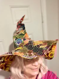 Image 1 of Handmade Scrappy Quilted Witch Hat: Upcycled Halloween Cottagecore Bird Appliqué