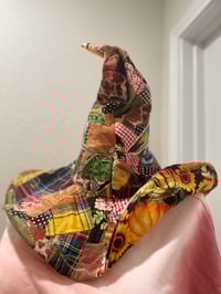 Image 2 of Handmade Scrappy Quilted Witch Hat: Upcycled Halloween Cottagecore Bird Appliqué