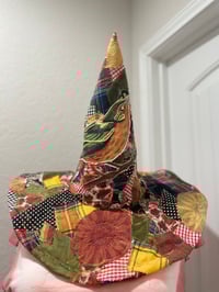 Image 5 of Handmade Scrappy Quilted Witch Hat: Upcycled Halloween Cottagecore Bird Appliqué