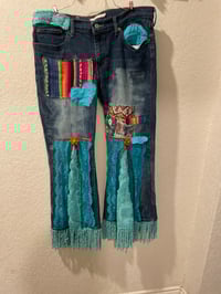 Image 1 of Upcycled Handmade Hippie Style Boyfriend Jeans Flairs Fringe