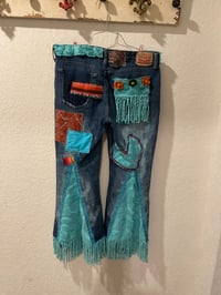 Image 2 of Upcycled Handmade Hippie Style Boyfriend Jeans Flairs Fringe