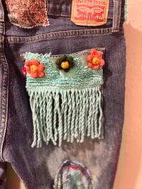 Image 3 of Upcycled Handmade Hippie Style Boyfriend Jeans Flairs Fringe