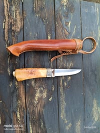 Image 15 of Puukko 14c28n Salami carvings Birch Burl Handle