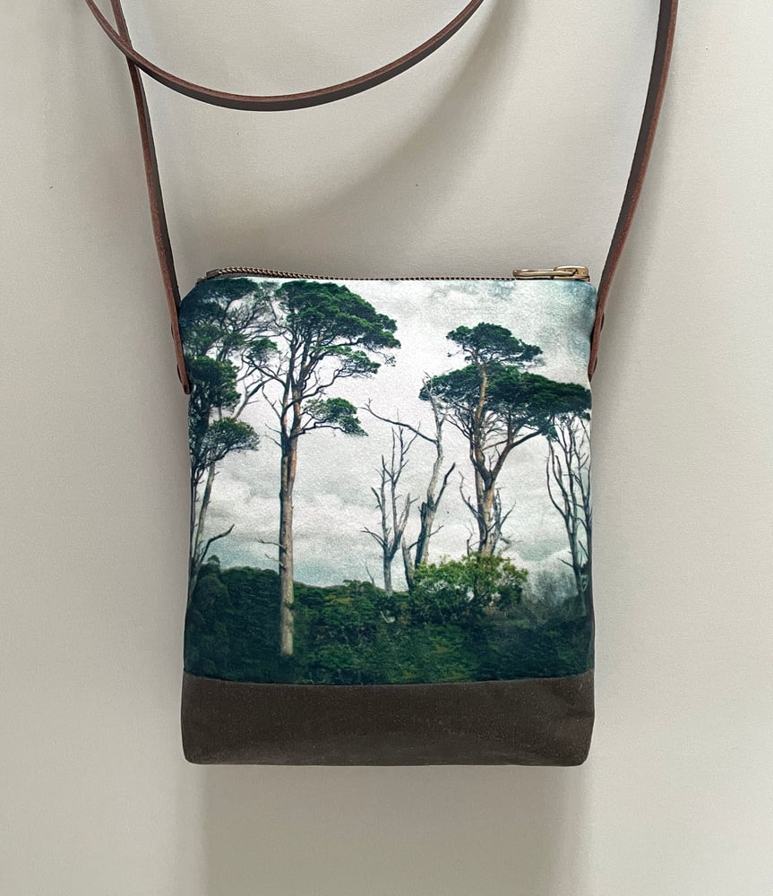 Image of Scots pine, crossbody velvet and waxed canvas phone bag