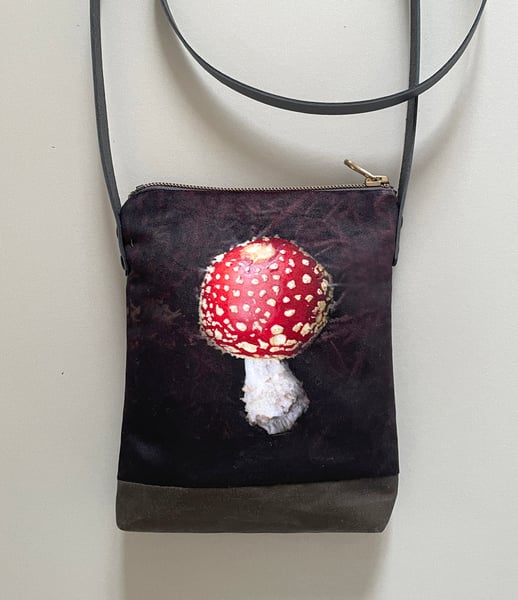 Image of Fly agaric, crossbody velvet and waxed canvas phone bag