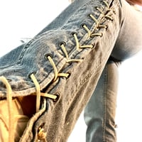 Image 7 of Women's Calvin Klein Vintage flare bottom jeans criss cross suede ties on sides knee to hem
