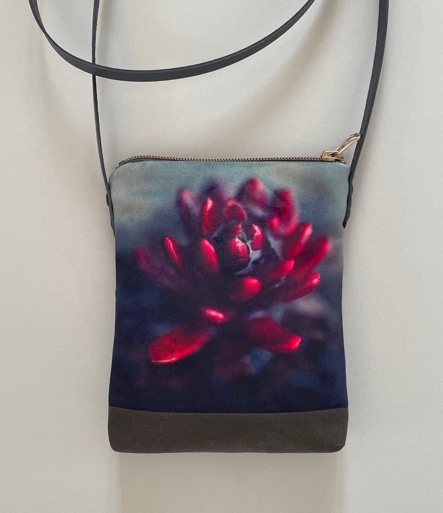 Image of Red flower, crossbody velvet and waxed canvas phone bag