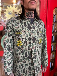 Hand Painted “Aum world peace” camo long sleeve jacket