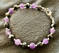 Image 3 of  Matte Amethyst & Larvikite Bracelet with Bright Silver Hematite - Size 6.5