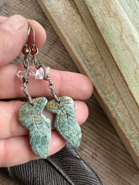 Image 1 of Carved feather stone, Herkimer diamond, Hessonite sterling silver earrings 