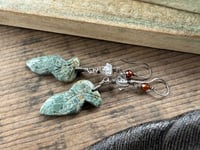 Image 5 of Carved feather stone, Herkimer diamond, Hessonite sterling silver earrings 