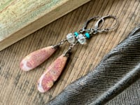 Image 1 of Rhodhonite, Quartz and Turquoise sterling silver earrings 