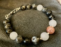 Image 1 of Larvikite, Matte White Jade, Faceted Bright Silver Hematite & Sunstone - Size 6.25