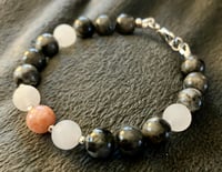 Image 3 of Larvikite, Matte White Jade, Faceted Bright Silver Hematite & Sunstone - Size 6.25